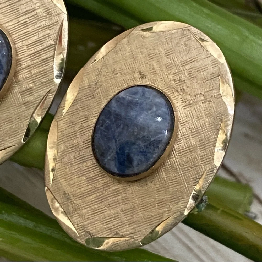 Vintage DESTINO Natural Blue Stone Kyanite? Lapis Light Brushed Gold Cufflinks